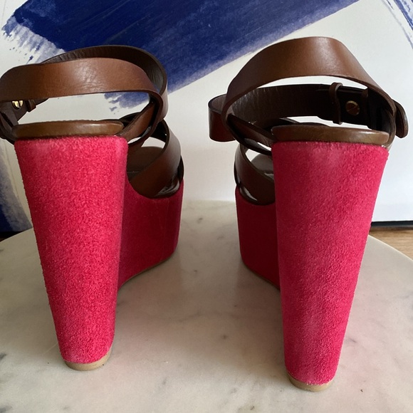 NEW SERGIO ROSSI Brown Leather & Berry Suede Platform Wedge Sandals Size 38 1/2 - Picture 5 of 17